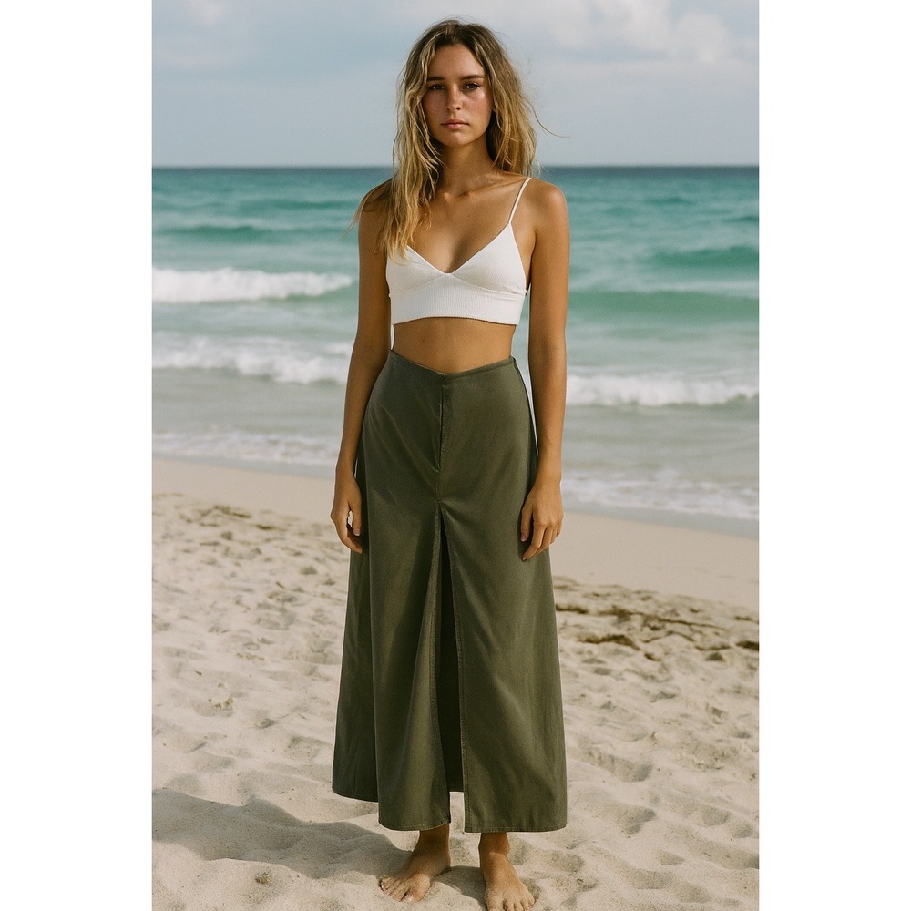 90s Vintage Olive Green Maxi Skirt Low Waist A Line Full Length Skirt